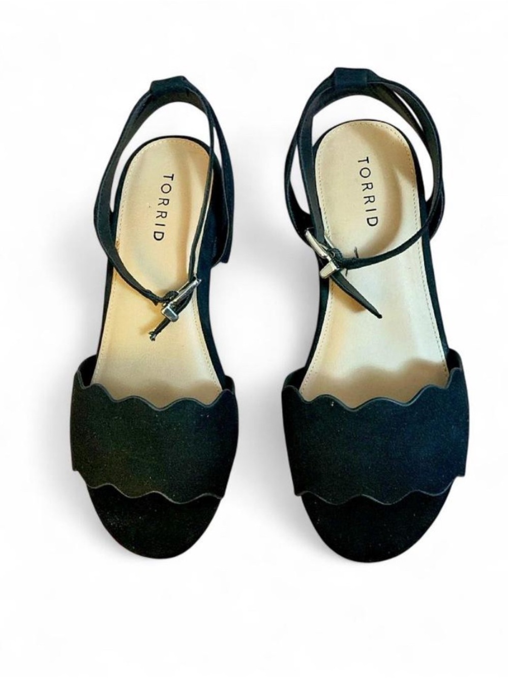 Torrid Black Faux Suede Scalloped Ankle Strap Block Heels Size 8.5W